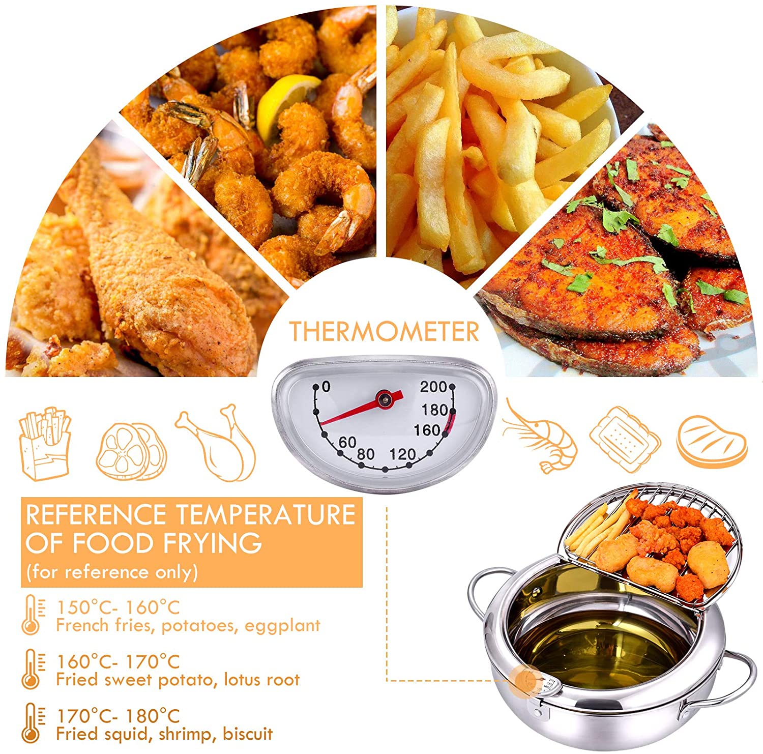 Banggood 24cm Fryer with Thermometer and Lid 2L 304 Stainless Steel Oil Filter Pot for Kitchen